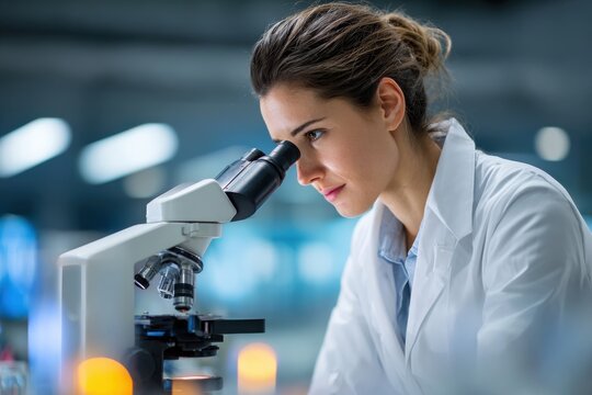Female cientist adjusting microscope in serene lab