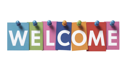  Colorful Sticky Notes Spelling Welcome with Push Pins, Office and Hospitality Greeting Concept on a transparent background 