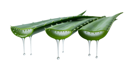  Fresh Green Aloe Vera Leaves with Transparent Gel Droplets, Skin Care Concept Isolated on a transparent background