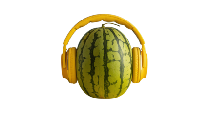 Creative Summer Music Concept with Fresh Watermelon Wearing Yellow Headphones, Isolated on a transparent background