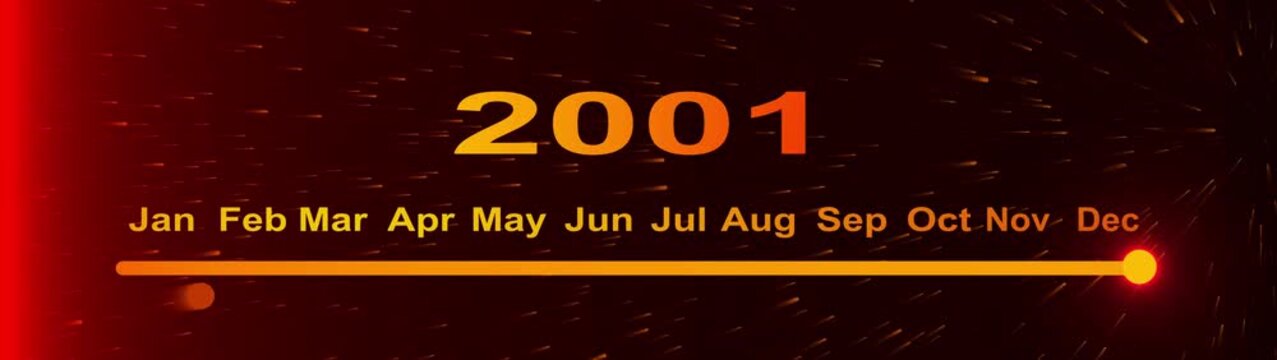 Year change concept. New year 2001 loading bar animation. year ending loading animation. Transition loading bar 2001 with Month. Glowing neon line word of 2001 on planet earth with space background.  
