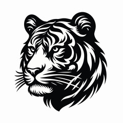 Fototapeta premium Black and white tiger head with detailed stripes isolated on white background vector