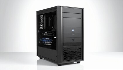 Modern black desktop PC computer case (mid-tower system unit) with front panel I/O ports for office, home, or gaming hardware build.
