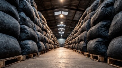 Rows of packed, dark bags stored inside an industrial warehouse, illuminated by overhead lights