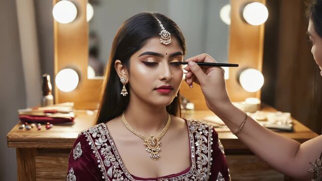 A young Indian actress sits in front of a mirror while a makeup artist adjusts her eyeliner. The vanity table is surrounded by cosmetics and fabrics, preparing her for the event