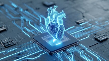 Futuristic computer chip with glowing heart symbol, digital technology medical health empathy concept showing circuit data network links, social media emotion issues and innovative heart care future