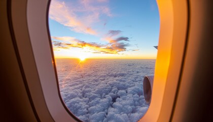 Stunning view of a sunset over a sea of clouds from an airplane window during a flight.