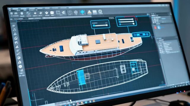 Medium shot showcasing the iterative CAD modeling workflow where adjustments are made to ship blueprints on a digital interface with interactive tools.