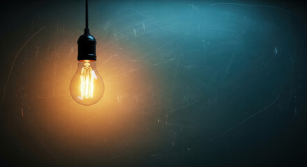 Close-up of a glowing light bulb hanging against a dark, starry sky, creating a warm light and contrasting with the cool blue and dark hues of the cosmic background.