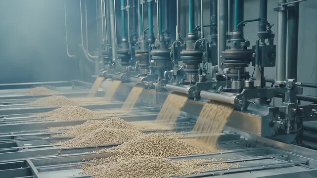 Rotating steel blades slice bioplastic strands into uniform pellets. The pellets fall rapidly into a cooling tray in a large factory hall with overhead pipes and noise dampeners