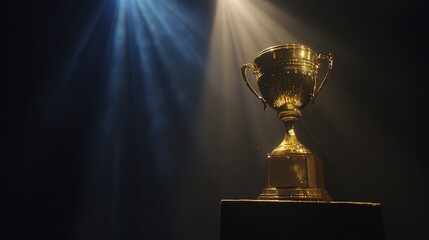 elite. A shining gold trophy on a velvet podium with dramatic spotlight. event key visuals, club posters, designed for fitness apps and gym onboarding, drives event promotion.