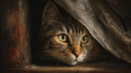 Cat sits quietly behind a curtain in a dimly lit room wanting to observe its surroundings and looking out with curiosity while hiding from view
