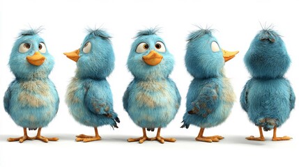 Naklejka premium Cartoon Blue Bird Character in 3D Render with Fluffy Feathers, Yellow Beak and Feet, Expressive Eyes, and Playful Tuft