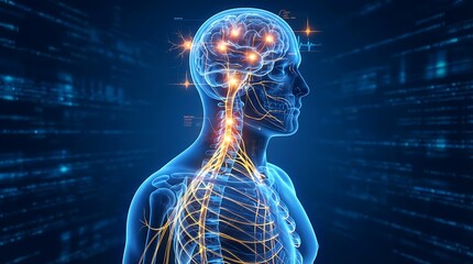 A striking visualization of the human brain and nervous system showcasing neural networks and connectivity in a digital style
