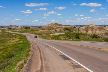 Beautiful view of the hills on both sides of the highway in North Dakota