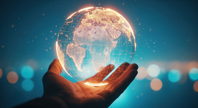 A hand presents a glowing digital Earth hologram, symbolizing global connectivity and technological innovation against a soft bokeh backdrop, futuristic themes. - Powered by Adobe