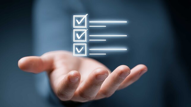 Digital Checklist Interface Floating Above Human Hand in Dark Background, Representing Task Completion, Productivity, Organization