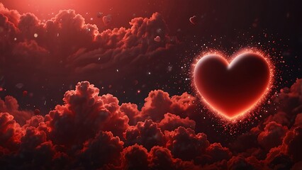 A vibrant red heart shape glows as a romantic symbol of love and passion against the dark night sky, creating a bright Valentine decoration with a cloud illustration for a holiday card design