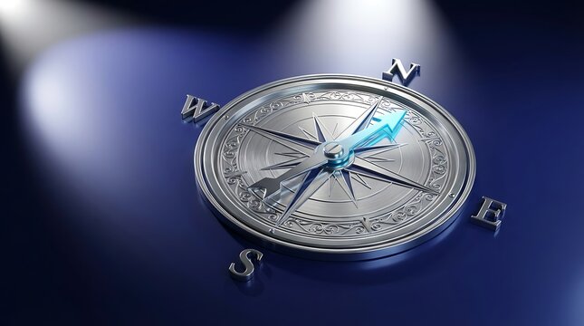 A detailed image showcases a silver compass with cardinal directions illuminated by a bright spotlight on a dark blue surface