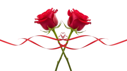 Two red roses with red ribbon on black background