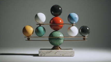 Artistic solar system model with colorful planet spheres on metal rods and wooden base, representing astronomy and planetary science concept