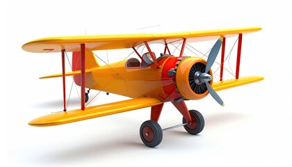 A colorful, cartoonish biplane with yellow body and red accents
