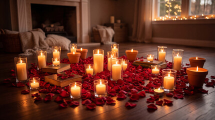 Valentines Day evening romantic setting with candles in glass holders and scattered red rose petals on a dark wooden floor.