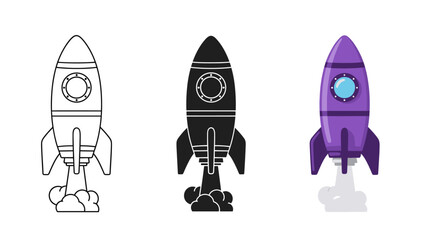 Set of three rocket ship illustrations in different styles Vector