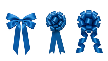 Blue ribbon bow and decorative arrangements on black background