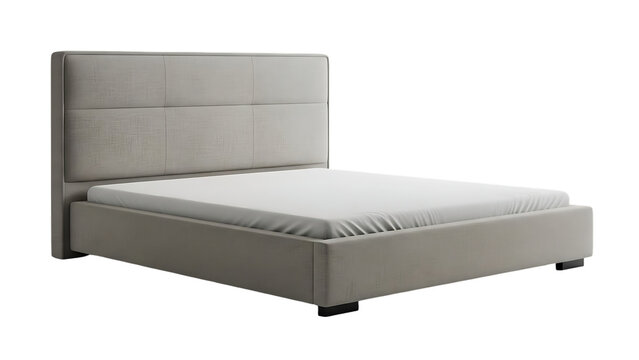 A white upholstered bed with a tufted headboard isolated on transparent background