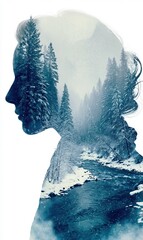 The silhouette of a woman's face is superimposed against a backdrop of snow-covered mountains and forests.
