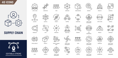 Supply chain icon set. Delivery, distribution, factory, warehouse, shipping, product, box, industry and logistics and more. Vector illustration