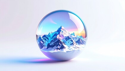 Snowy mountain range inside of a clear, reflective crystal sphere