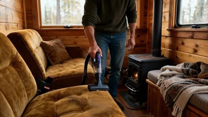 Medium shot capturing vacuuming of fabric seats inside a rustic cabin emphasizing thorough cleaning and comfort preservation in the small living area.