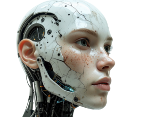A realistic female cyborg with a partially exposed mechanical head. Her cracked face reveals intricate wiring and components beneath lifelike skin with freckles.