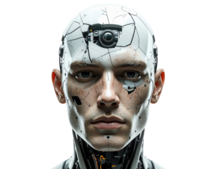 A portrait of a damaged male android with a fractured white head casing, revealing a camera eye and internal mechanics.