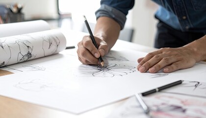 Person sketching floral design with pencil on paper at a desk