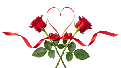 Three red roses tied with red ribbon in heart shape