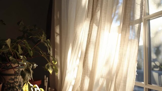 Sunlit curtain and potted plant on wooden table by window in warm morning light. peaceful cozy preventive health program encouraging calm routine