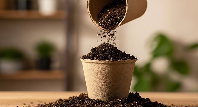 Filling a biodegradable pot with soil for planting
