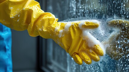 A close-up of a gloved hand cleaning a transparent surface with soapy water, bubbles visible