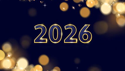 Golden 2026 Numbers with Elegant Glow and Warm Bokeh Lights on Dark Blue Background