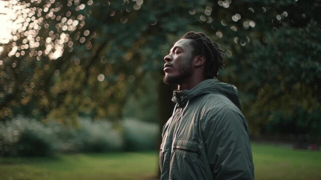 Young man outdoor park portrait jacket profile calm mindfulness preventive health program breathing exercise nature therapy golden hour dusk peaceful