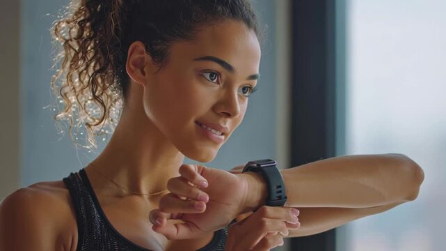 Young woman checking fitness tracker while preparing preventive health program and following indoor workout routine. smartwatch exercise motivates