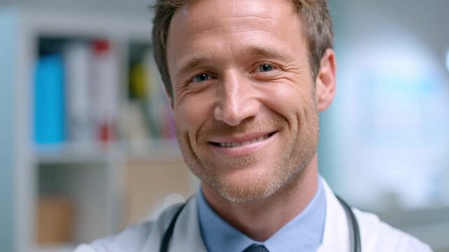 Friendly male clinician physician smiling clinic with stethoscope promoting preventive health program patient wellbeing wellness confident caring