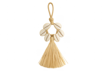 Natural cowrie shell and raffia tassel ornament