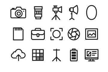 Photography equipment icons: camera, lens, tripod, lighting, battery, cloud storage