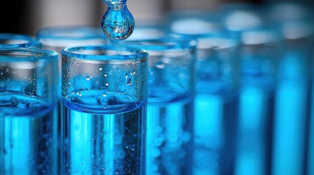 Macro shot of glass test tubes filled with bright blue liquid, a droplet is falling