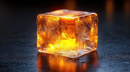 Close-up of a translucent, glowing cube. Reflective surface showcases light and texture details