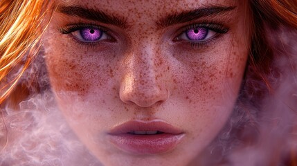Close-up portrait of a young woman with vibrant red hair and purple eyes. Freckled skin and a smoky haze